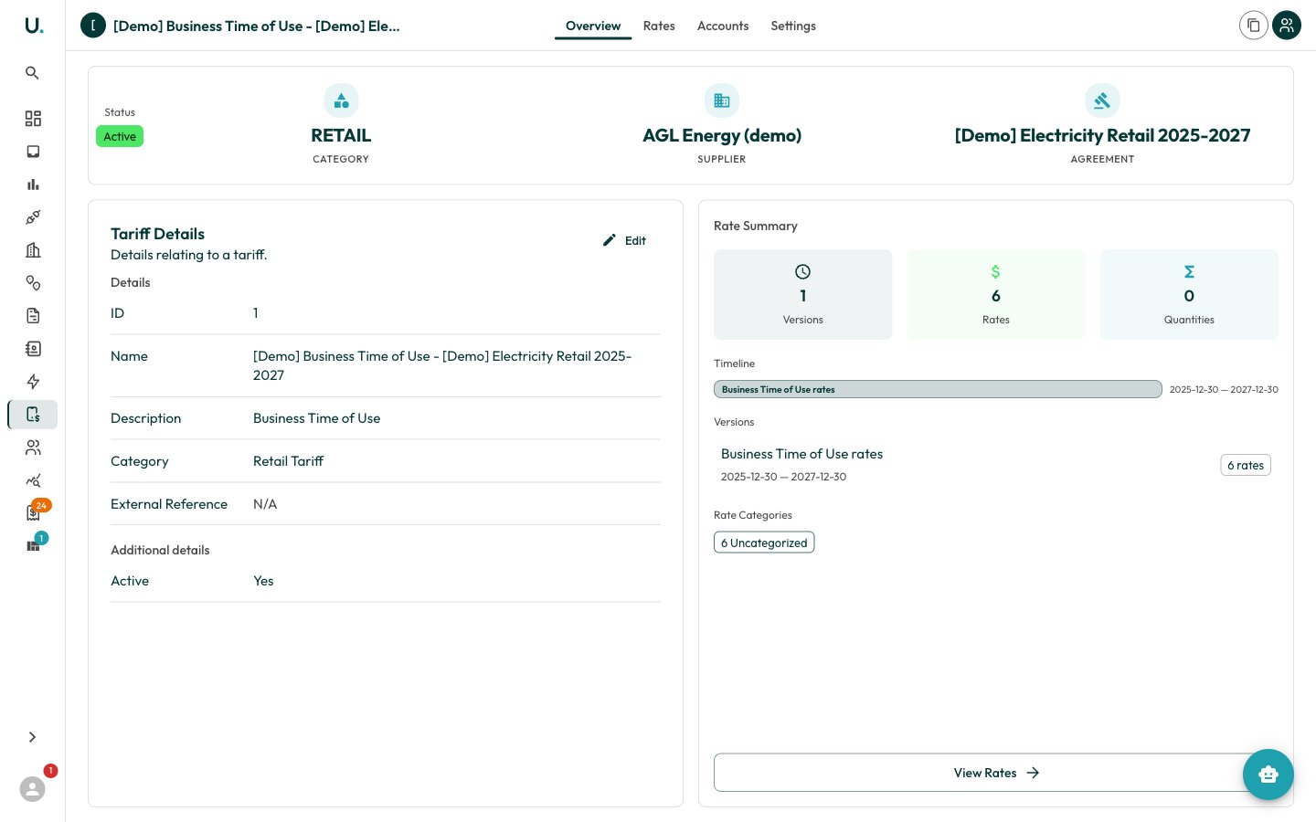 A tariff group detail page — Overview tab with rate summary and details