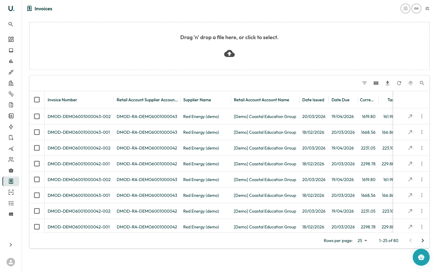 UMS Invoices list showing invoices in a data grid
