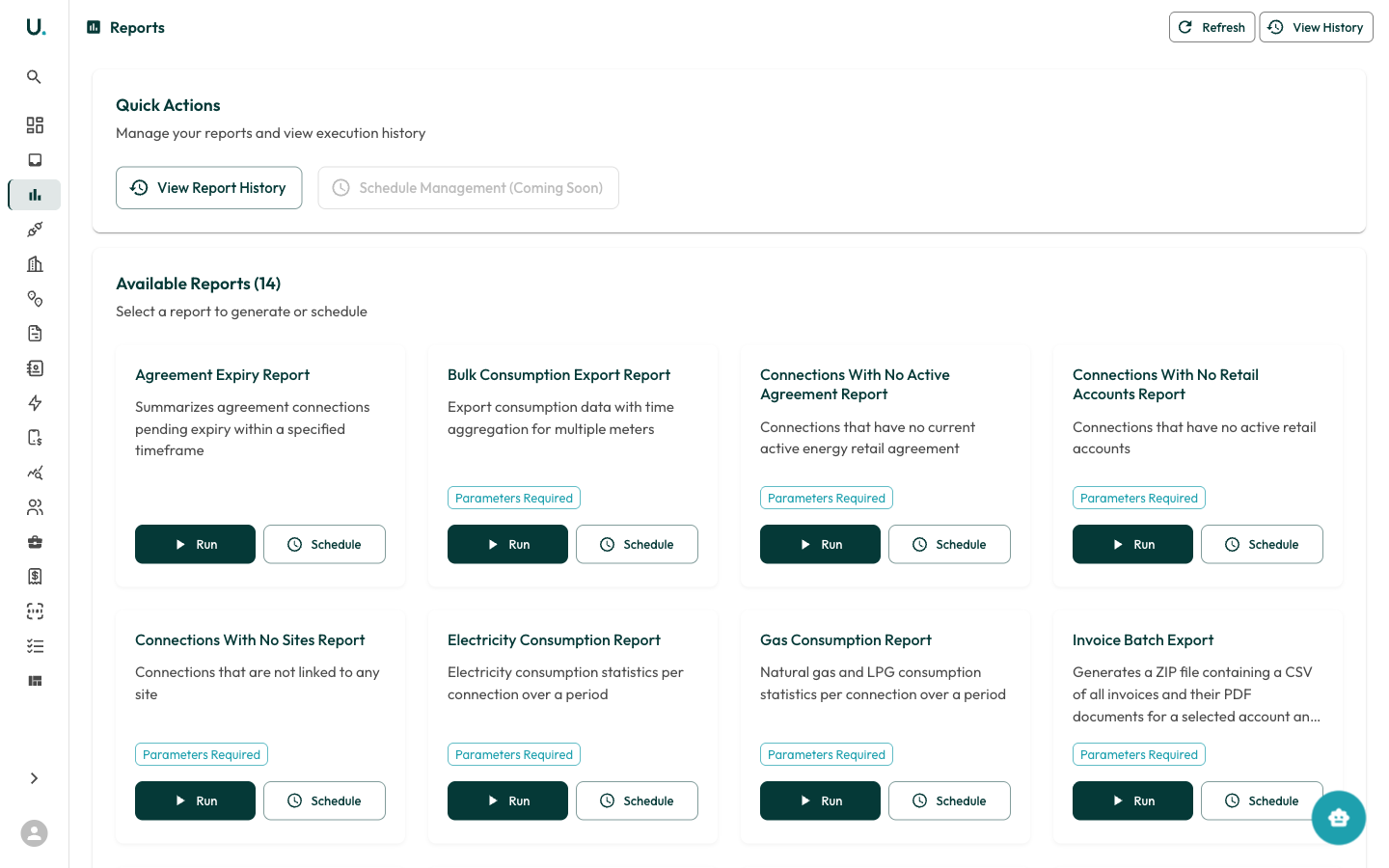 UMS Reports page listing available pre-built reports