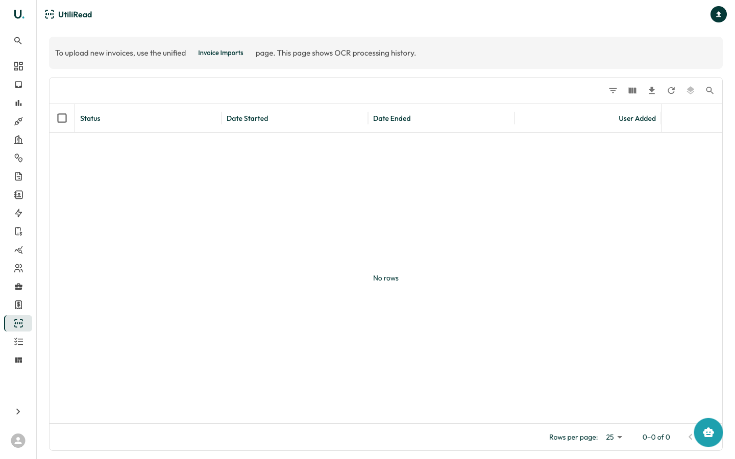 UtiliRead OCR processing history shown in a data grid