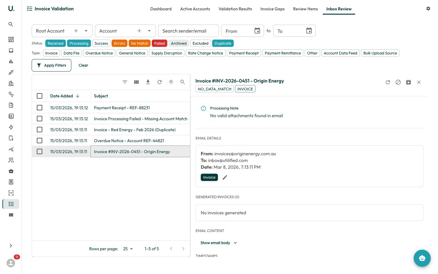 Inbox review detail panel in UMS