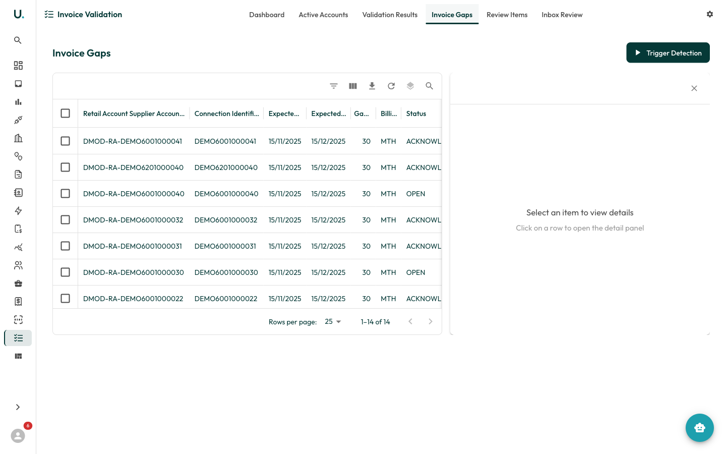 UMS invoice gaps tab showing missing invoices detected by gap analysis