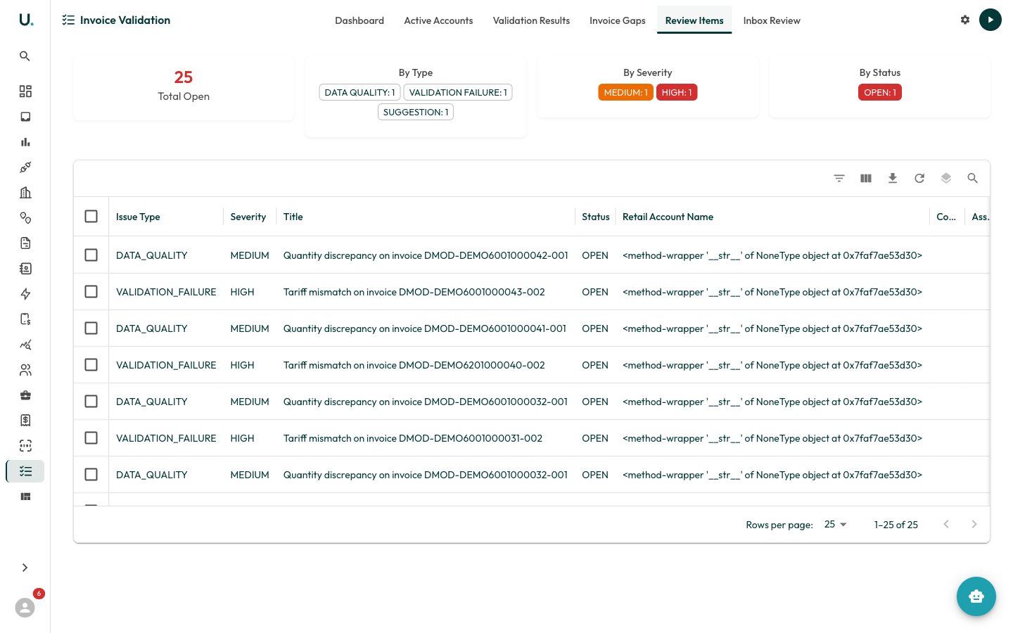UMS review items tab listing invoices flagged for manual review