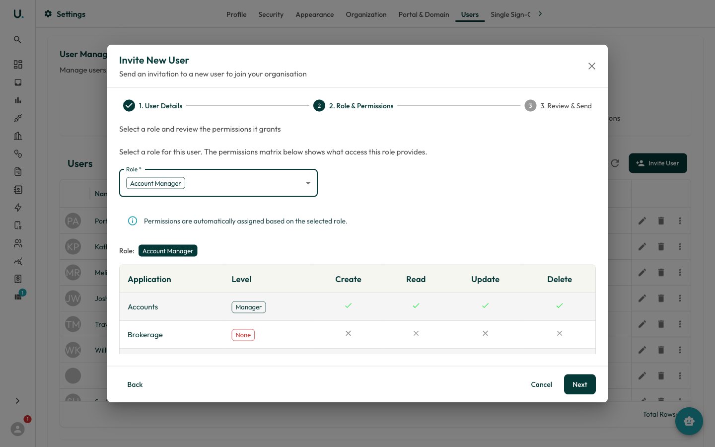 Role and Permissions step showing the Account Manager role selected with its permissions matrix
