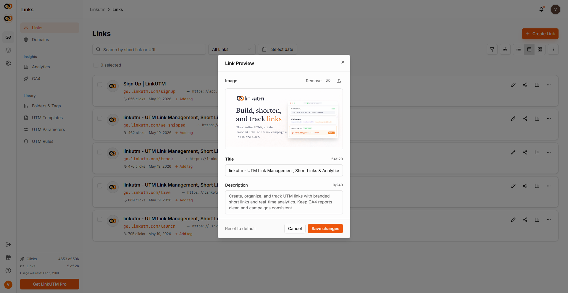Link Preview modal - editable OG title and description fields with social card preview