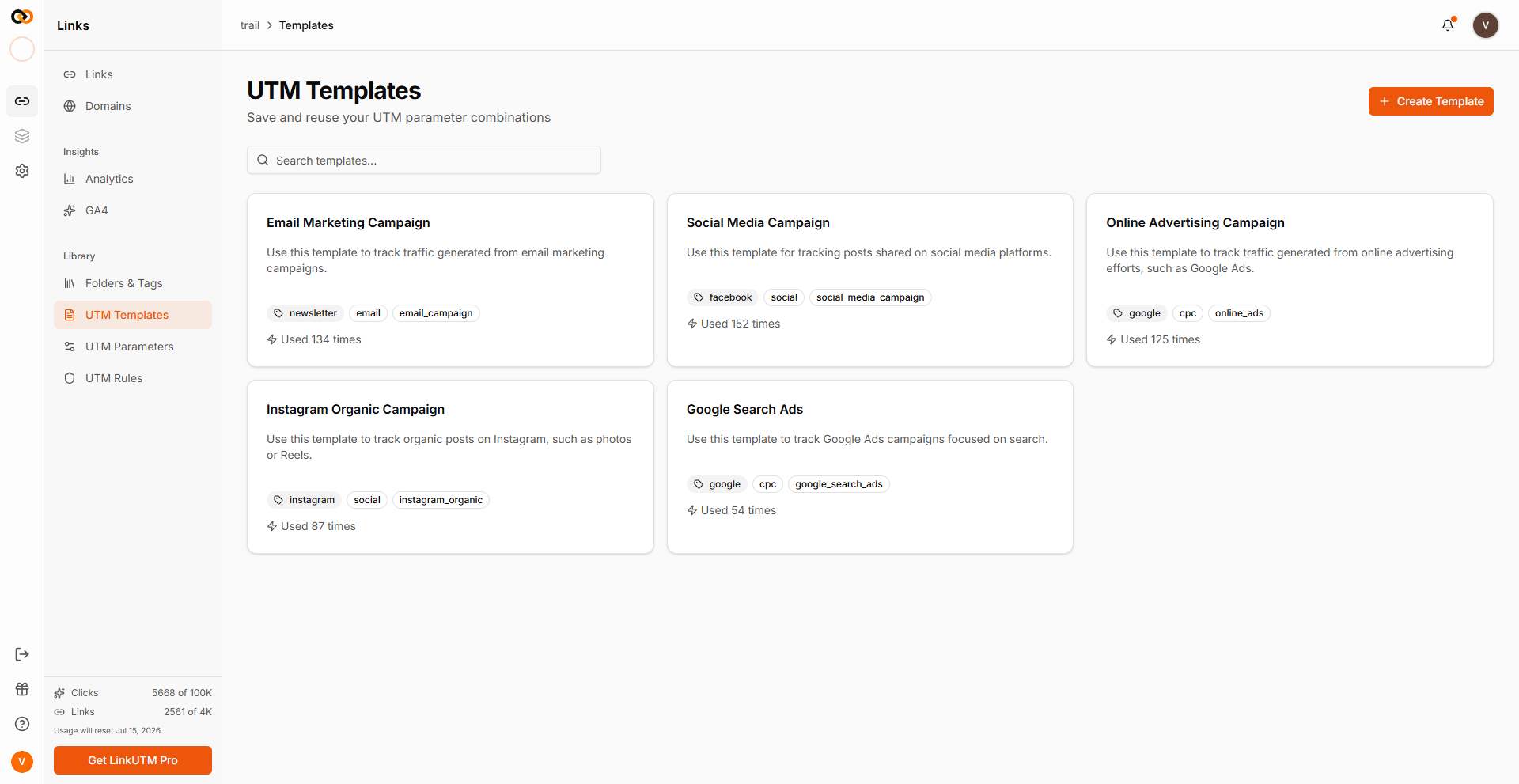 UTM Templates page - template cards showing source, medium, campaign tags and usage counts