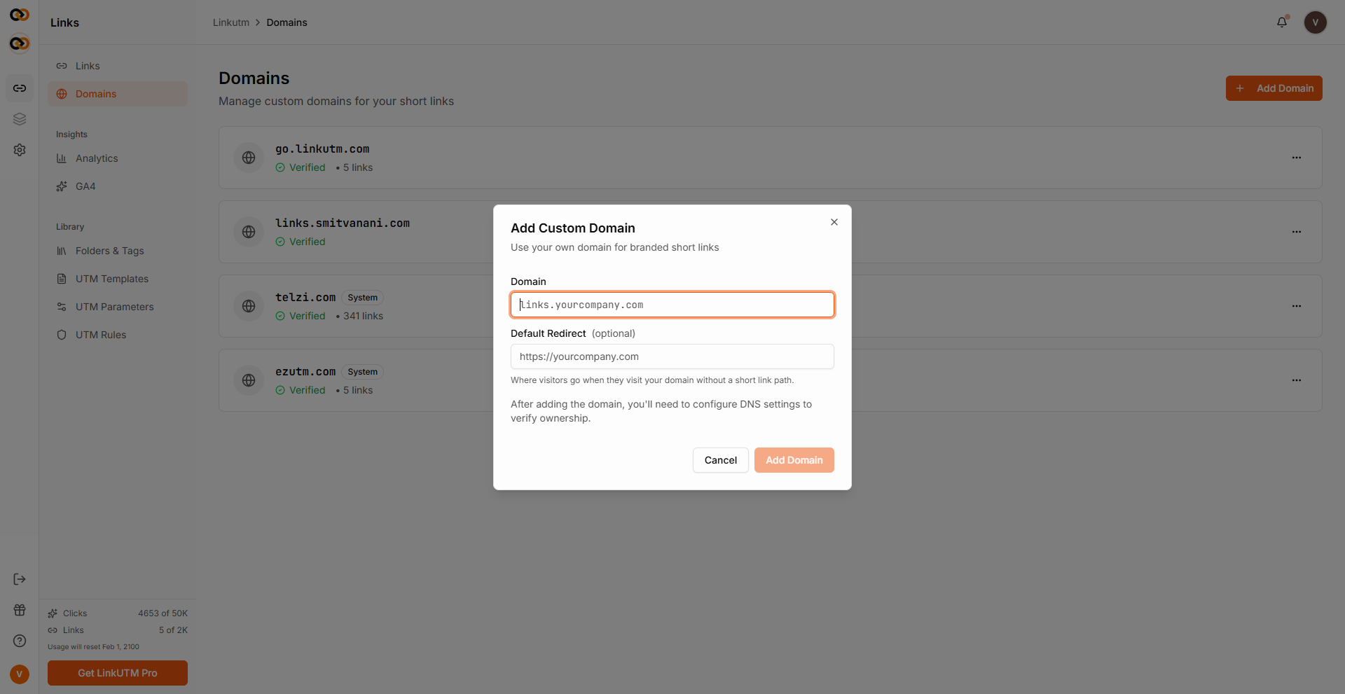 Add Custom Domain modal - domain field, optional default redirect, and DNS setup note