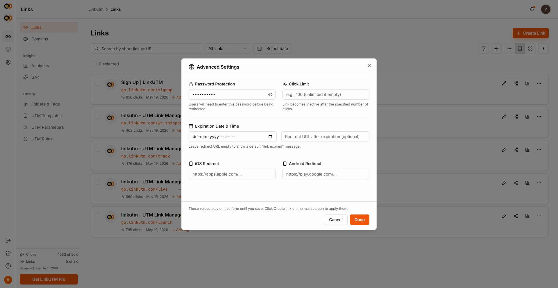 Advanced settings panel - Password, Click Limit, Expiration date, and iOS/Android redirect fields