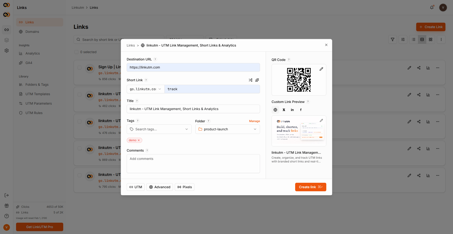 Create Link modal - Destination URL, Short Link, Title, Tags, Folder, UTM parameters tab, QR preview, and OG card preview