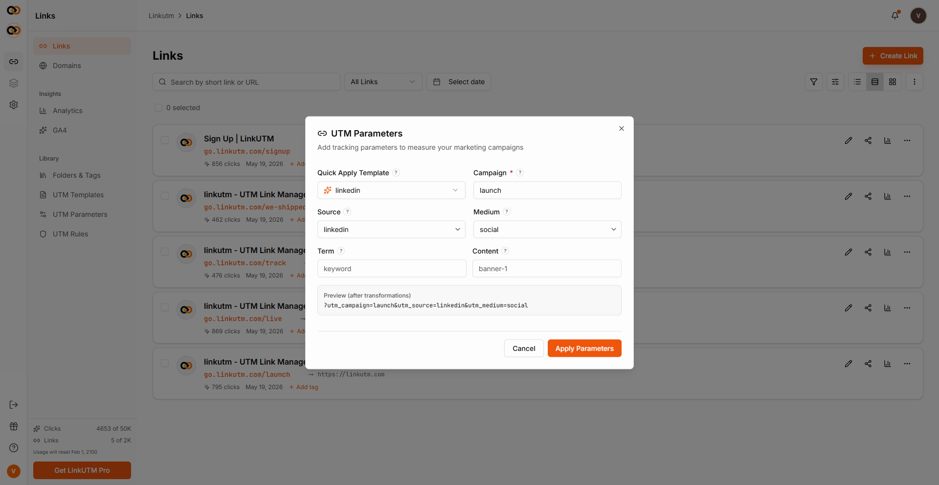 UTM parameters section in the link builder - source, medium, campaign, term, and content fields with autocomplete