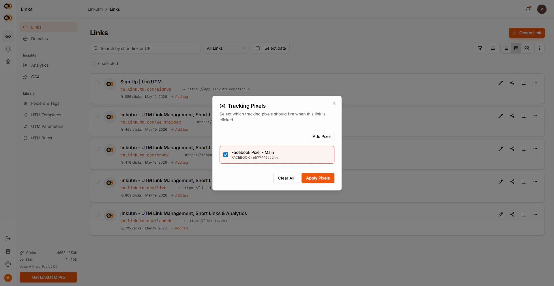 Tracking Pixels panel in the link builder - Facebook Pixel - Main checkbox selected, Apply Pixels button