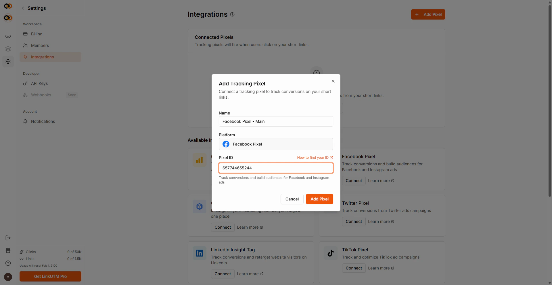 Settings > Integrations - Add Tracking Pixel modal with Name, Platform (Facebook Pixel), and Pixel ID fields; available integrations in background