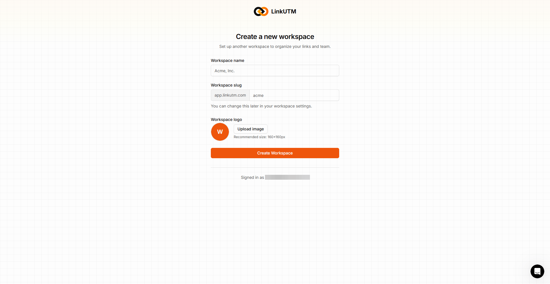 Create new workspace modal - workspace name and slug fields
