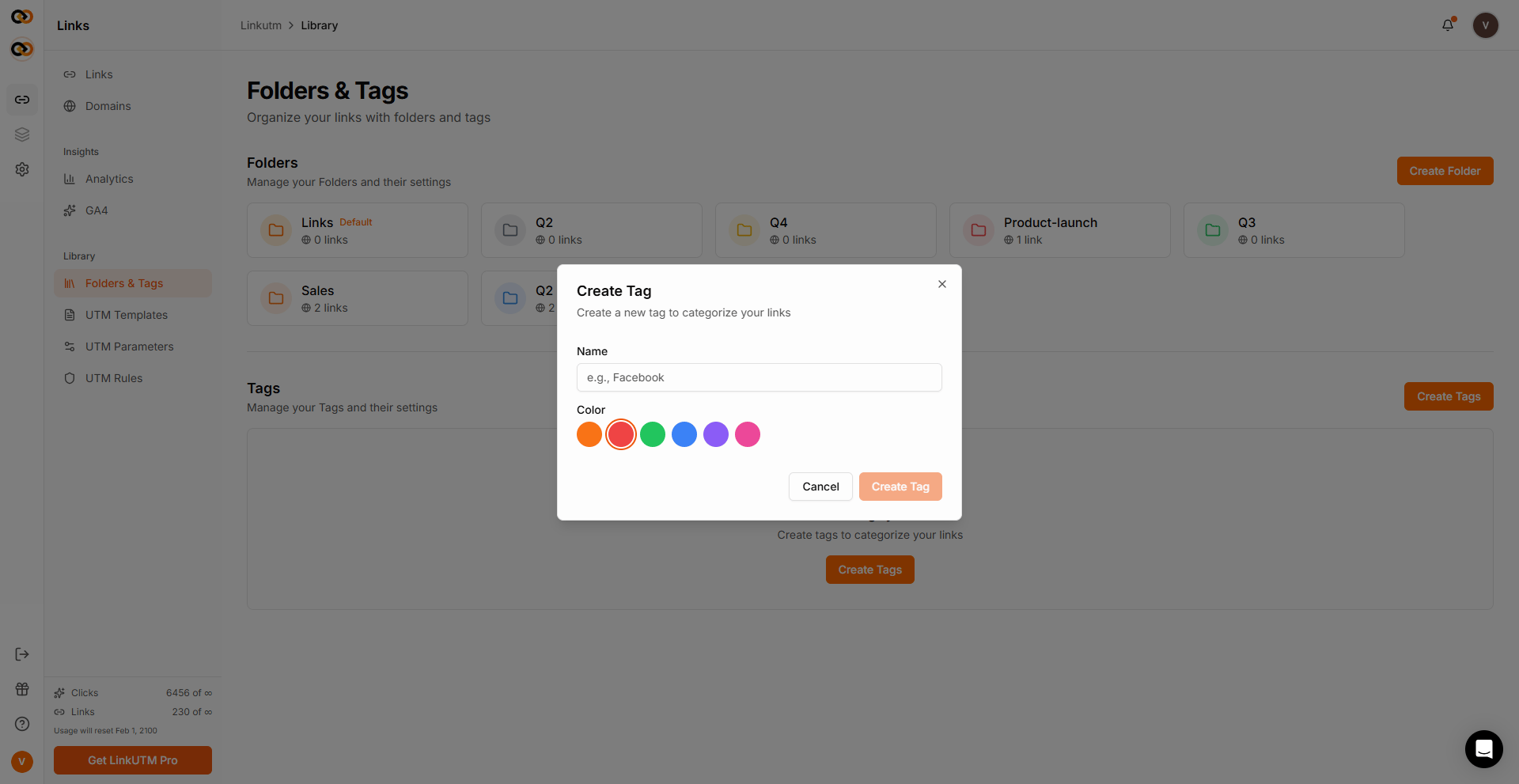 Create Tag modal - name field and color picker