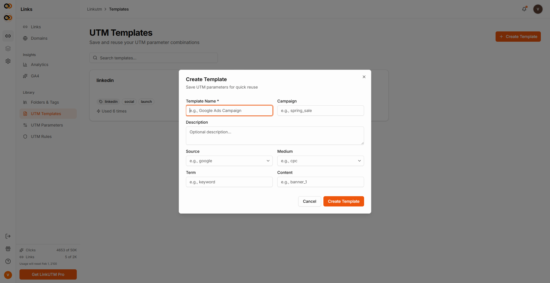 Create Template modal - Template Name, Campaign, Description, Source, Medium, Term, Content fields