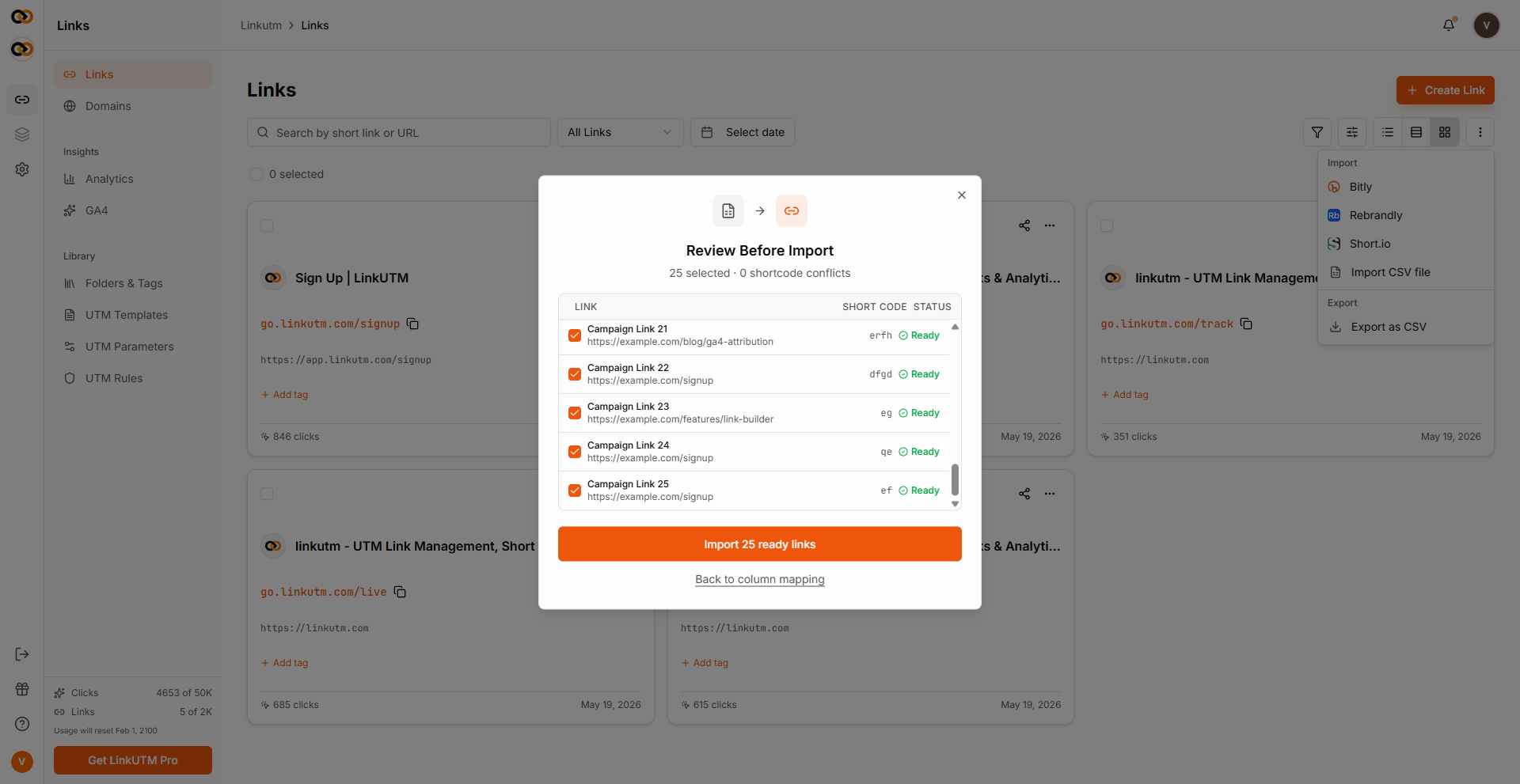 CSV Import step 3 - review screen showing 25 links, 0 conflicts, Ready status, and Import 25 ready links button
