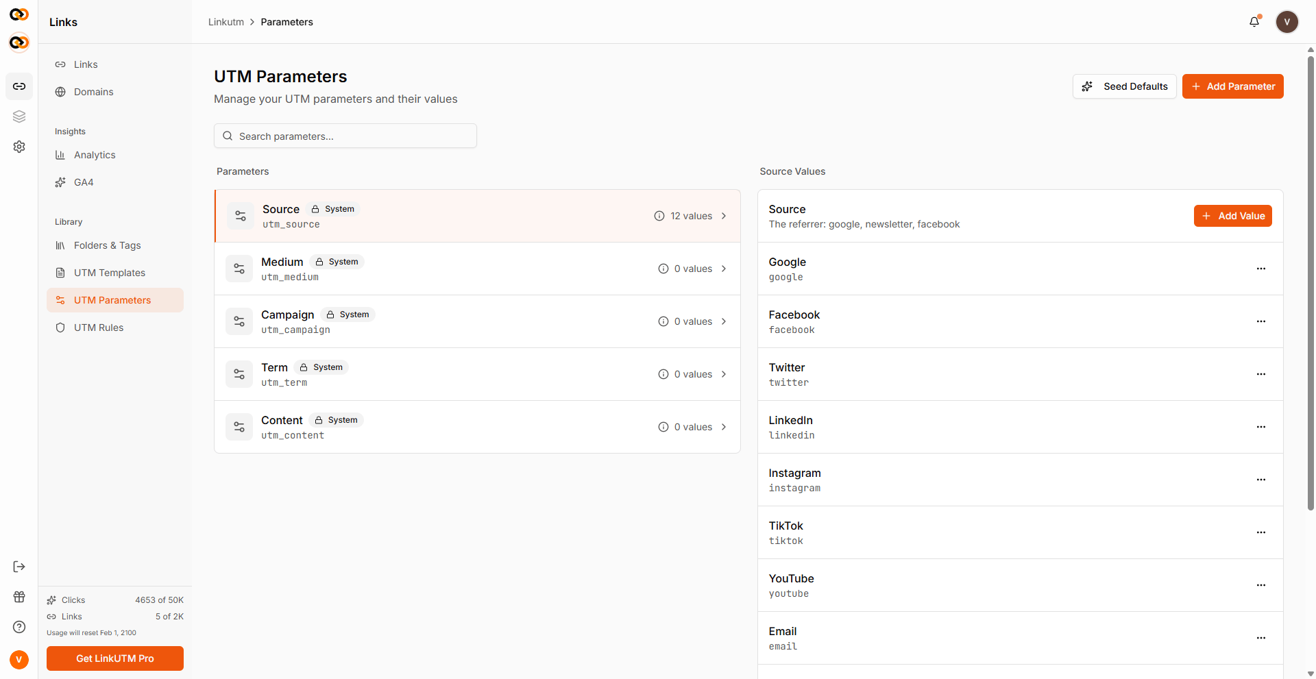 UTM Parameters page - five system parameters on the left, Source values list on the right (Google, Facebook, Twitter, LinkedIn, and more)