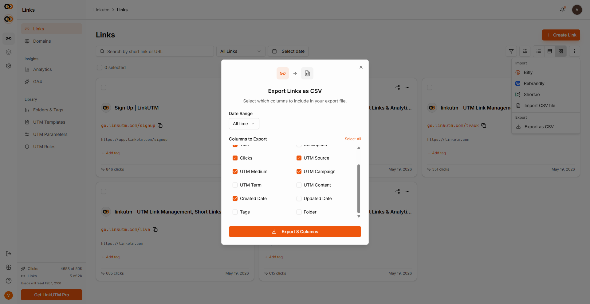Export as CSV modal - Date Range picker and column checkboxes (Title, Clicks, UTM fields, Created Date, Tags, Folder) with Export button