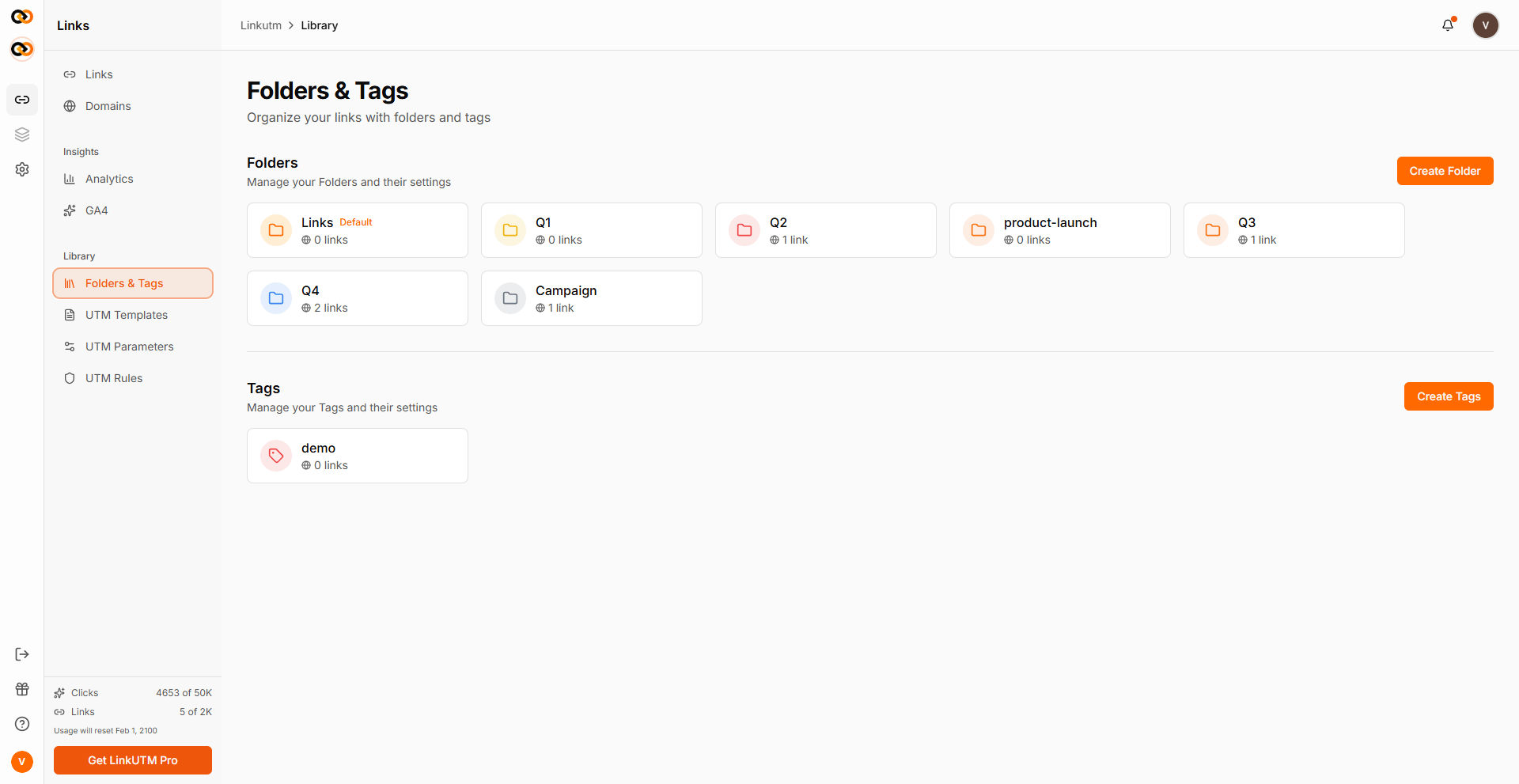 Folders and Tags page - folder list with color indicators and tags panel