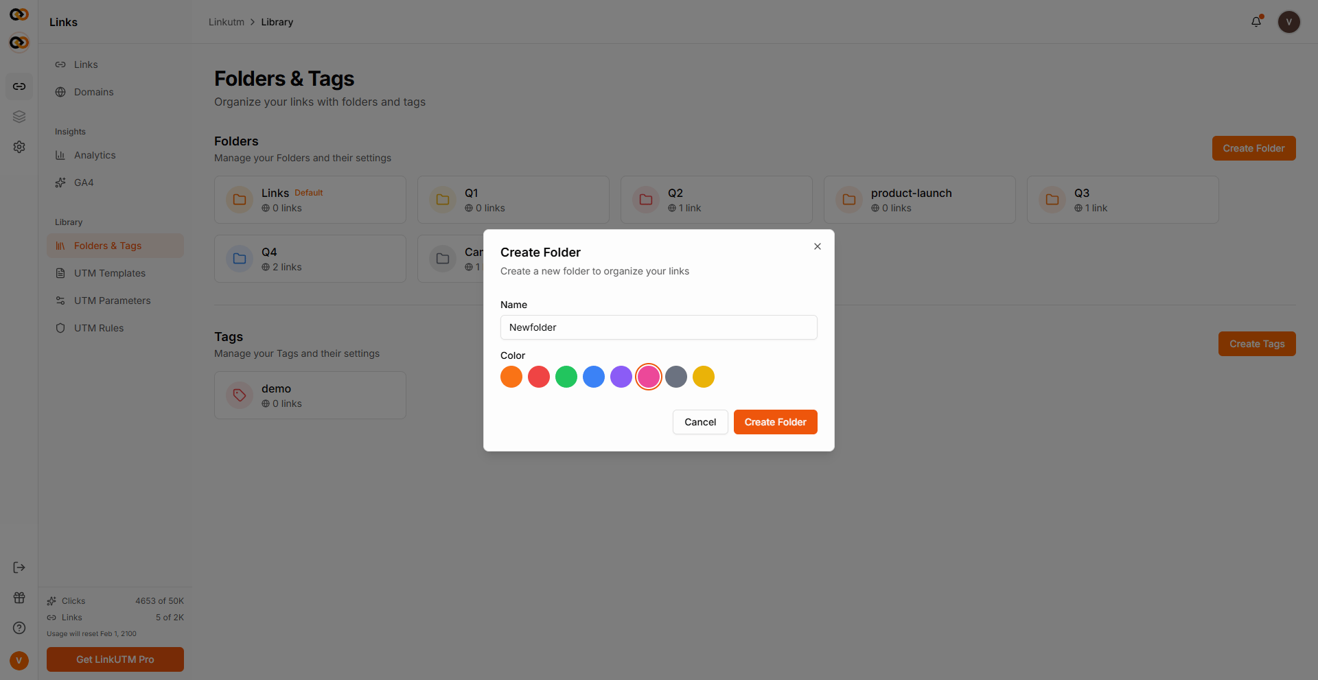 Create Folder modal - name field and 8-color picker
