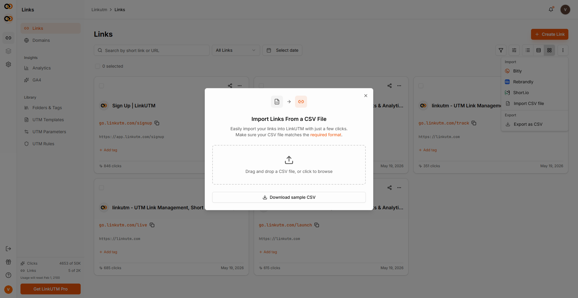 CSV Import step 1 - drag-and-drop upload area with Download sample CSV button