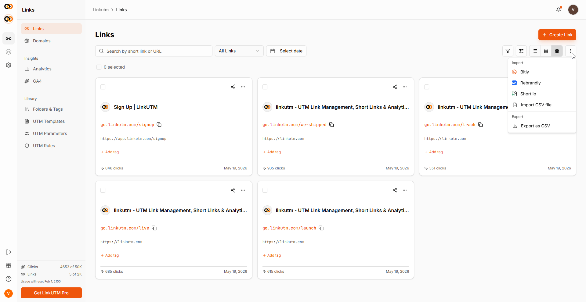 Import/Export dropdown - Import options (Bitly, Rebrandly, Short.io, CSV) and Export as CSV