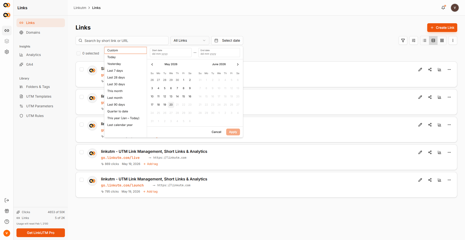 Date range picker - preset options list alongside a dual-month calendar for custom date ranges