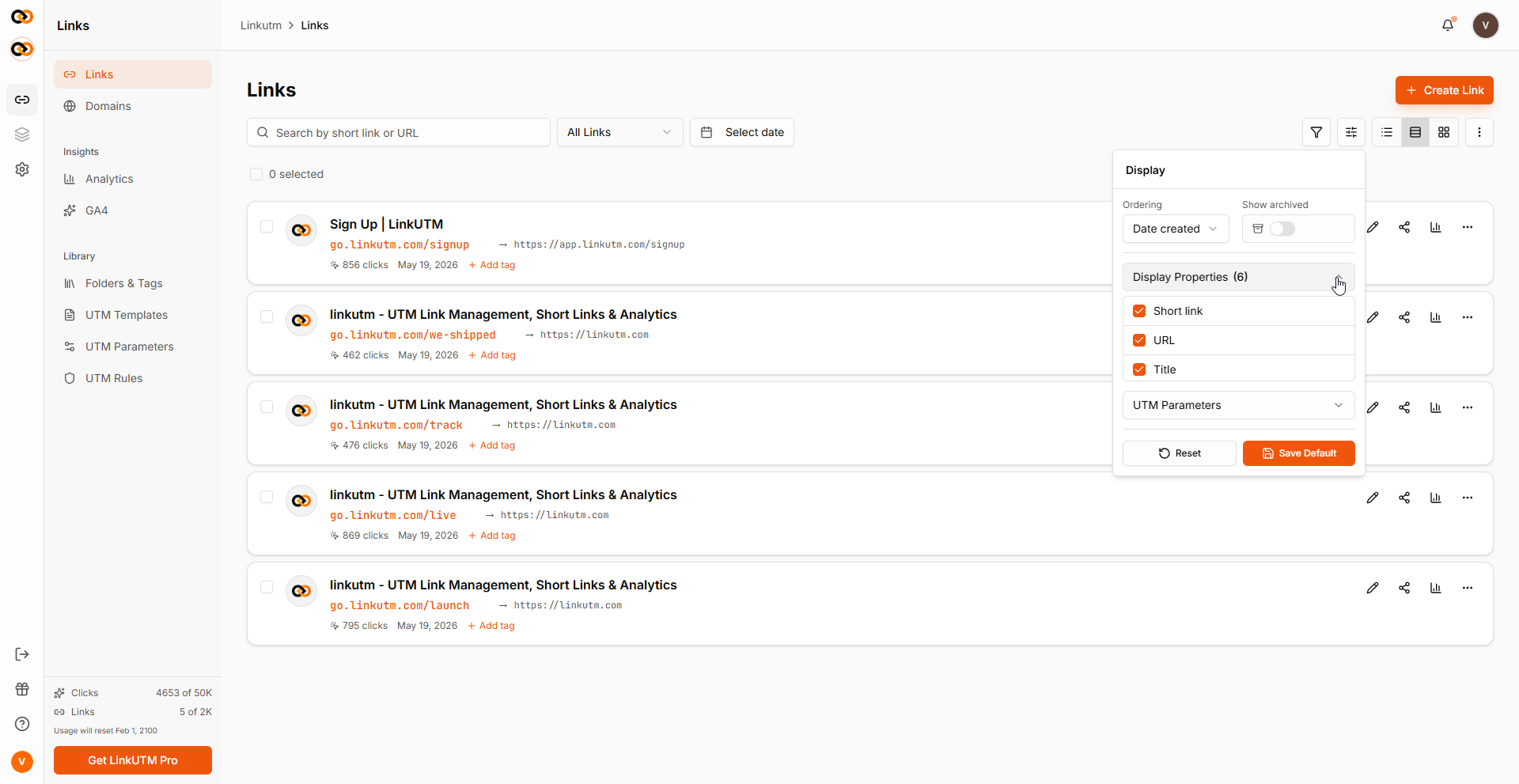 Display settings panel - Ordering options, Show archived toggle, and Display Properties checkboxes