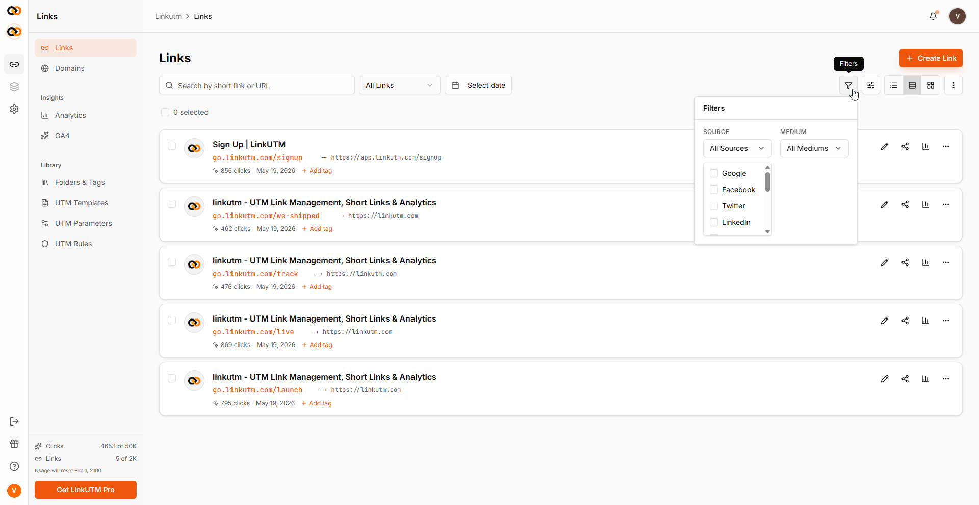 Filters panel - Source dropdown (Google, Facebook, Twitter, LinkedIn) and Medium dropdown for narrowing the links list