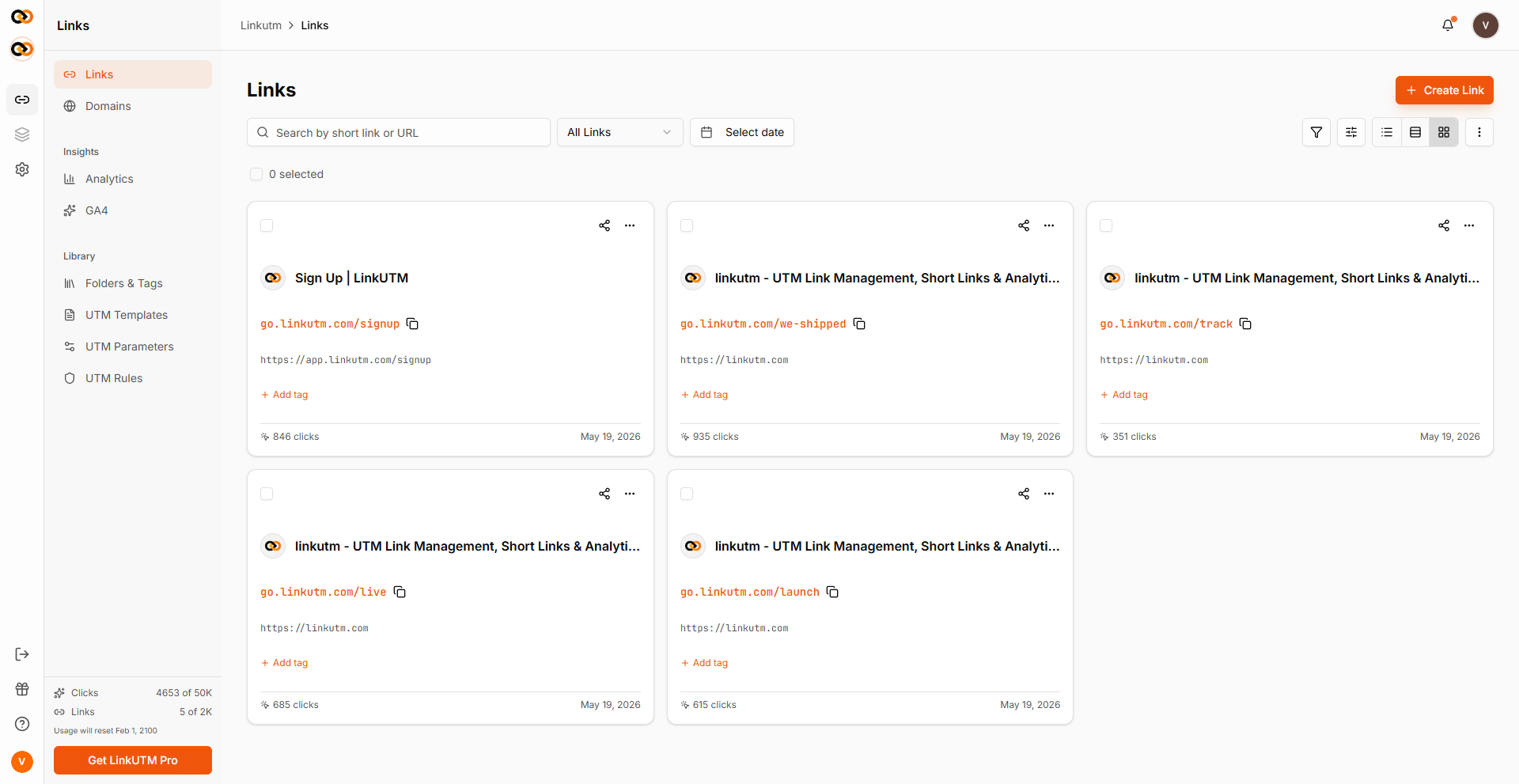 Links dashboard - card/grid view showing the same links as cards with click counts