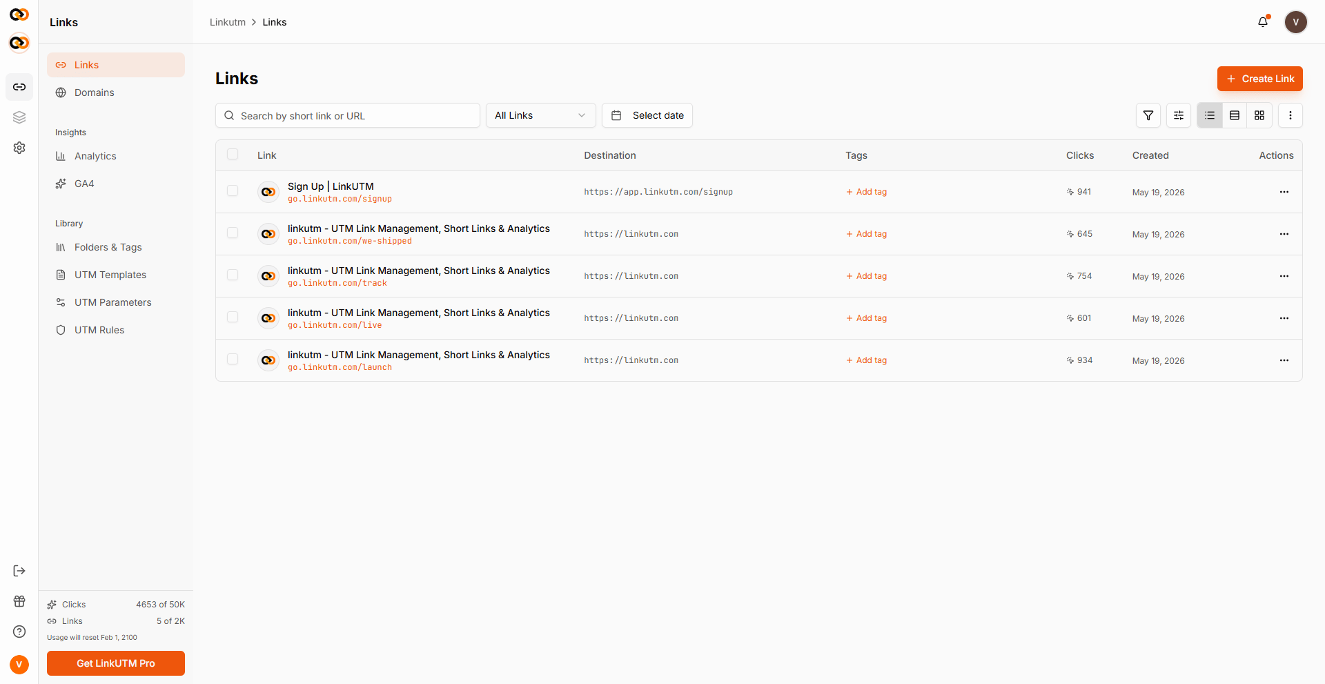 Links dashboard - list view showing Link title, short URL, destination, tags, click count, and created date