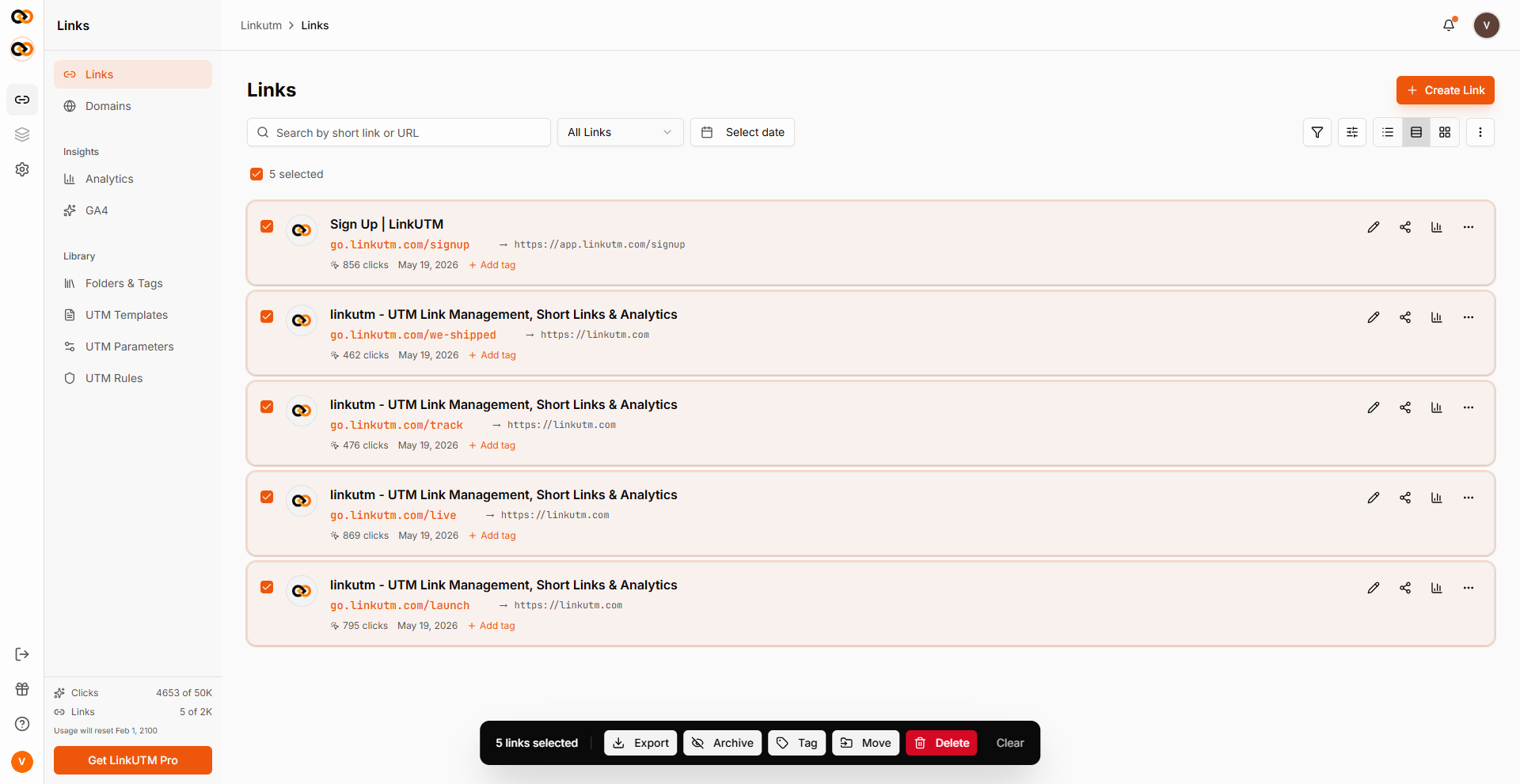 Links dashboard with all links selected - bulk action bar showing Export, Archive, Tag, Move, and Delete buttons
