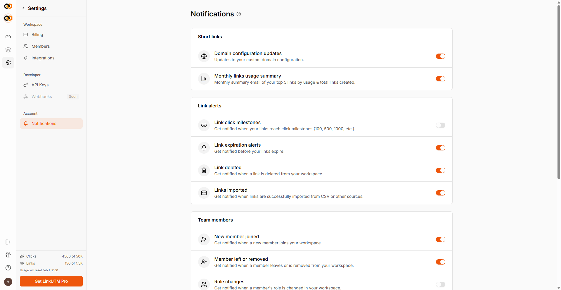 Notification settings - Short links, Link alerts, and Team members sections each with ON/OFF toggles per event type