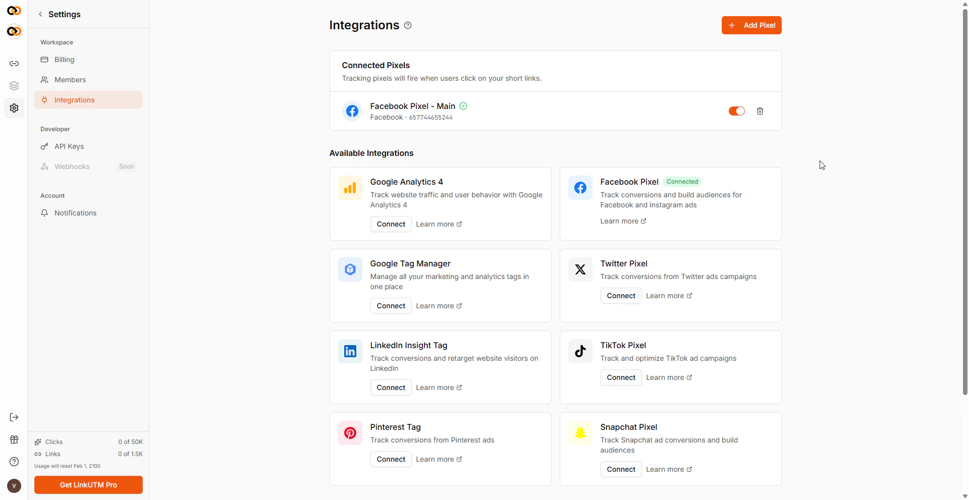 Settings > Integrations - Connected Pixels section showing Facebook Pixel enabled, with integration grid and Connected badge