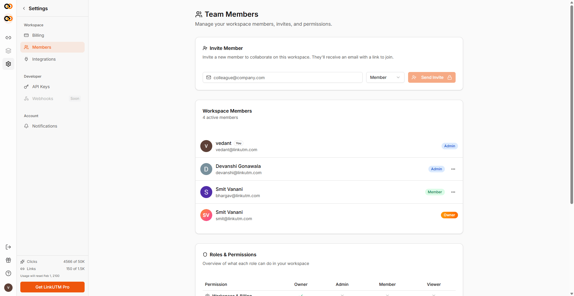 Team Members page - invite form, member list with roles (Admin/Member/Owner), and Roles and Permissions table