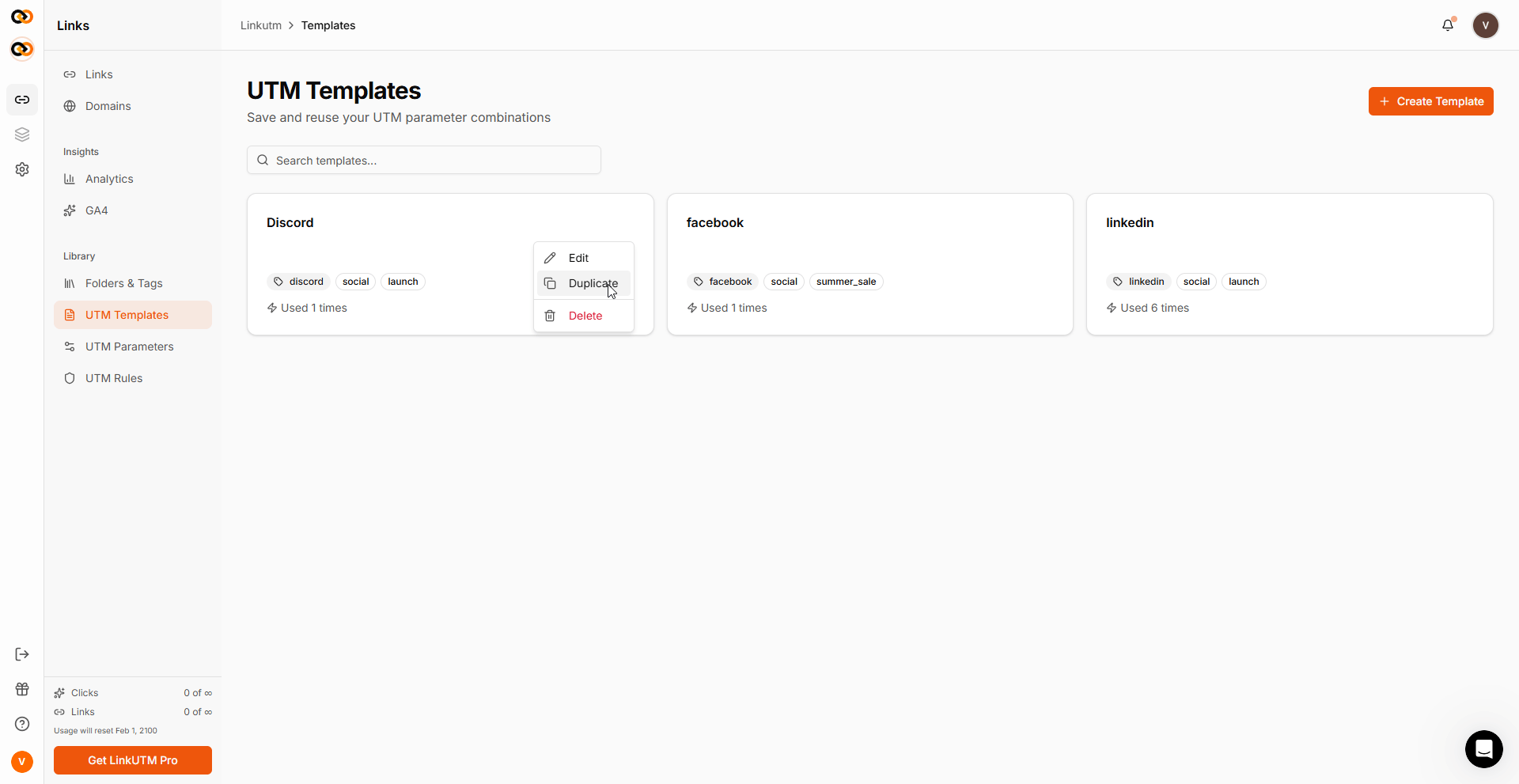 UTM Templates - template row with Edit, Duplicate, and Delete action buttons visible