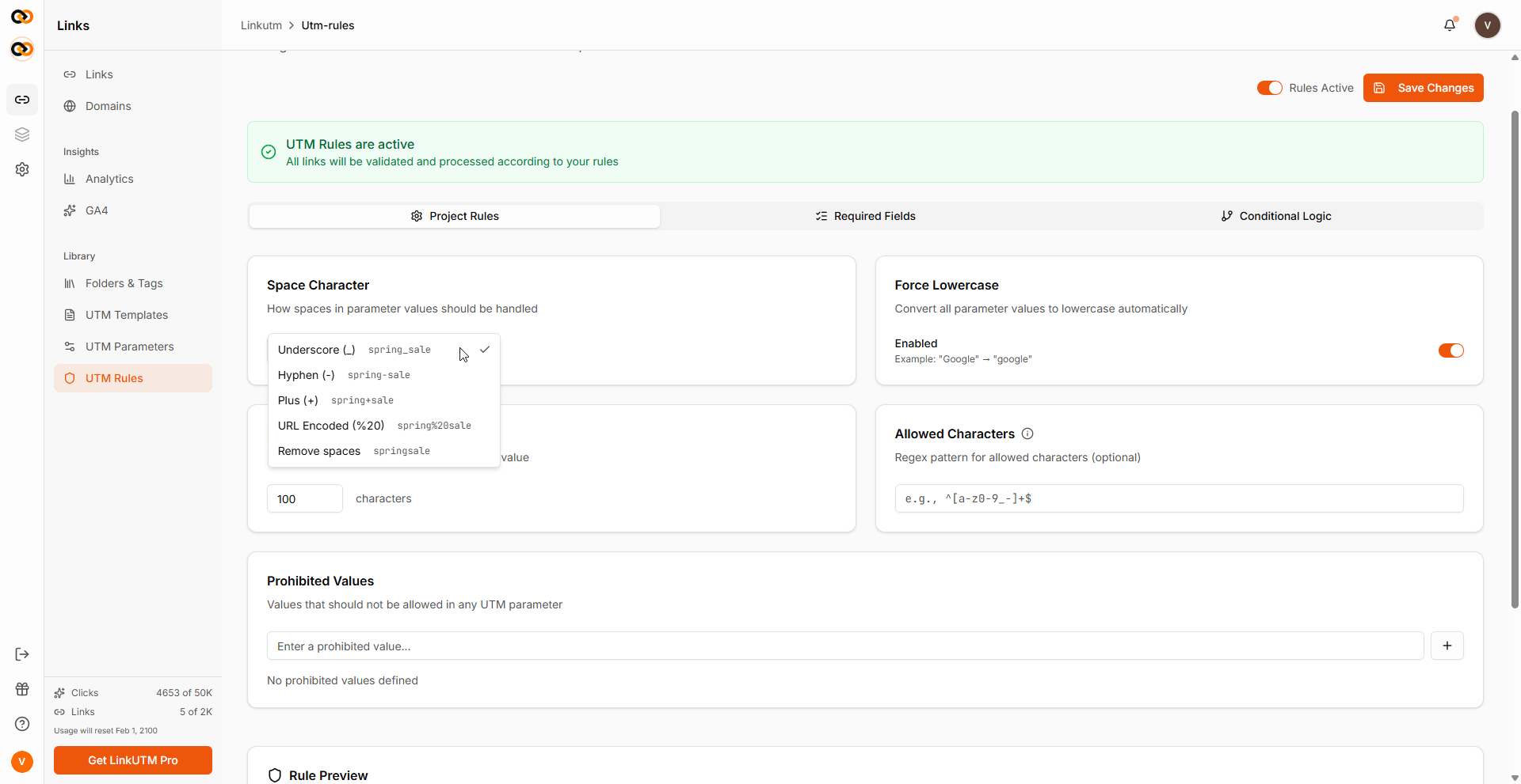 Space Character dropdown - Underscore selected, with Hyphen, Plus, URL Encoded, and Remove spaces options each showing a live preview