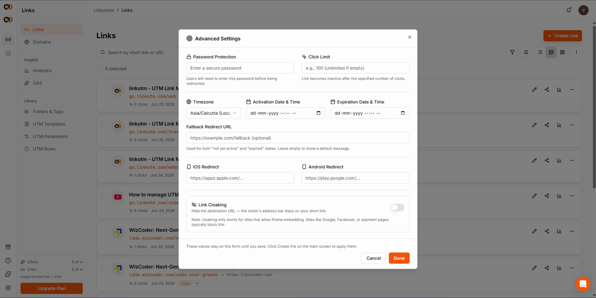 Advanced settings panel showing iOS Redirect URL and Android Redirect URL fields