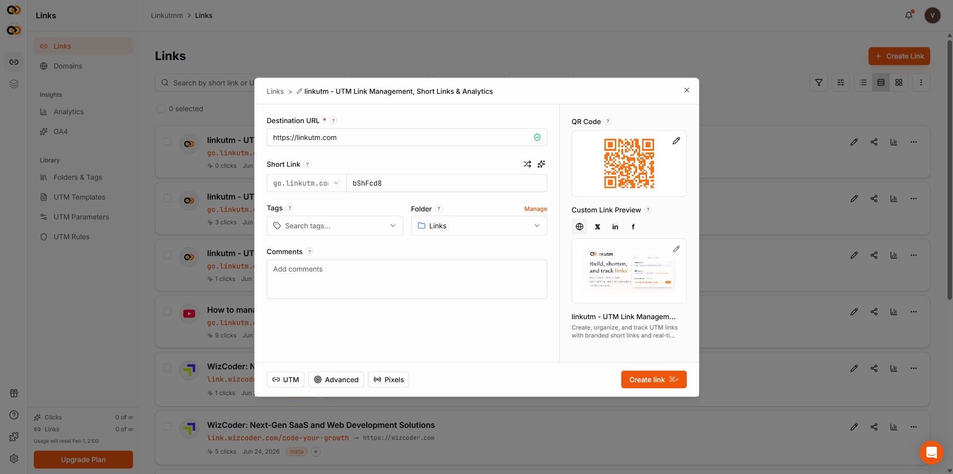 Create Link modal - Short Link field showing auto-generated slug