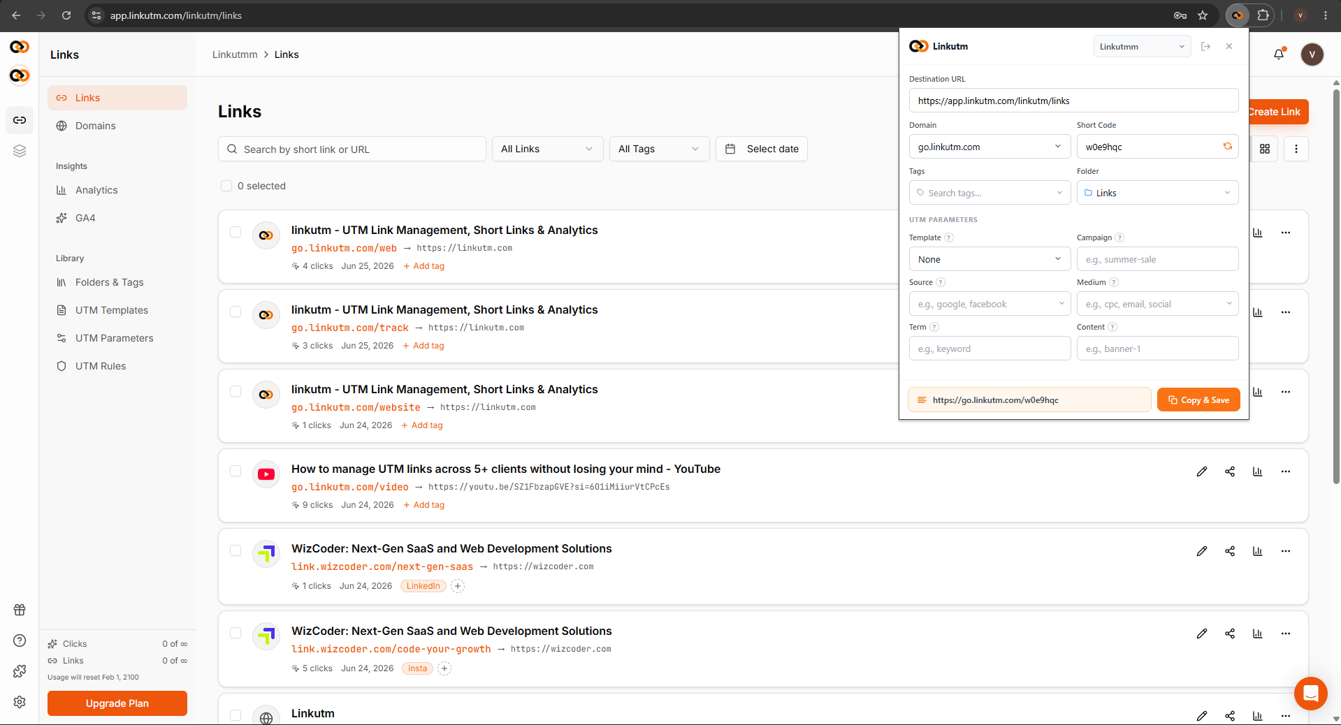 linkutm Chrome extension - link creation panel showing destination URL, UTM fields, and short link output