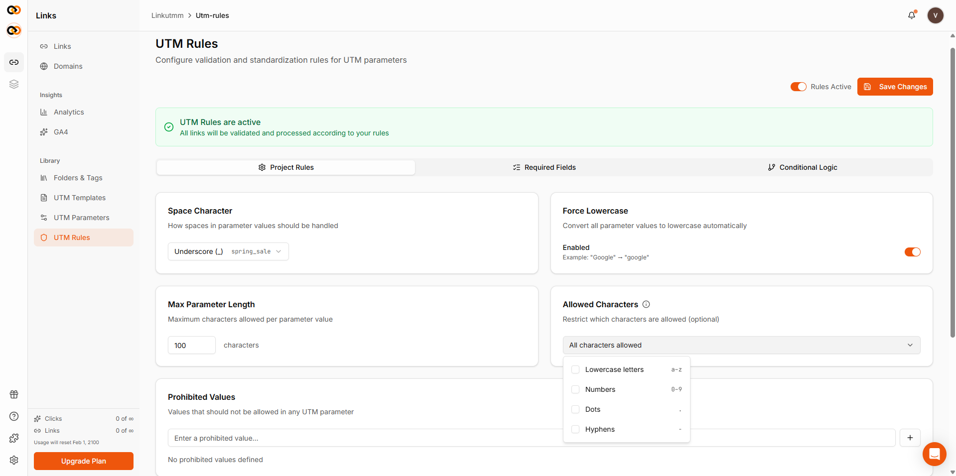 UTM Rules page - Space Character, Force Lowercase toggle, Max Length, Allowed Characters checkboxes (lowercase, numbers, dots, hyphens), and Prohibited Values settings