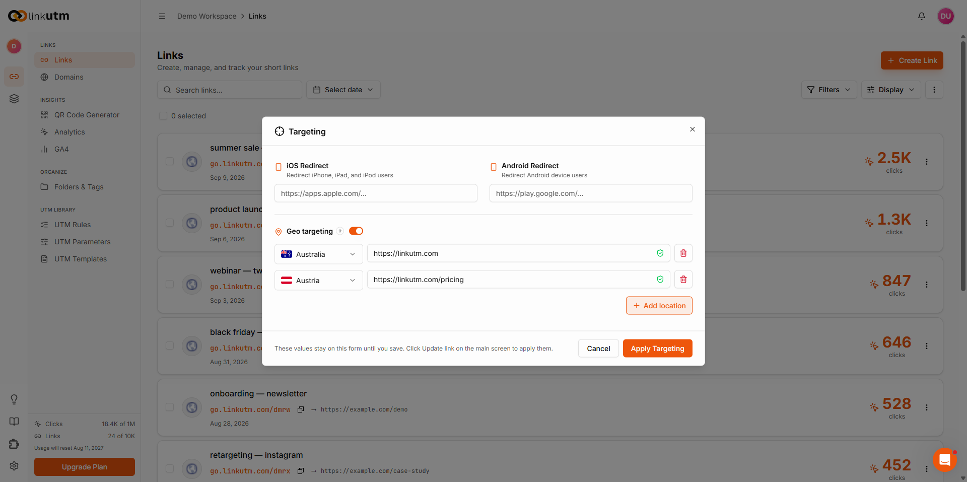 Geo targeting panel showing country dropdown and destination URL fields for United States, Canada, and Australia