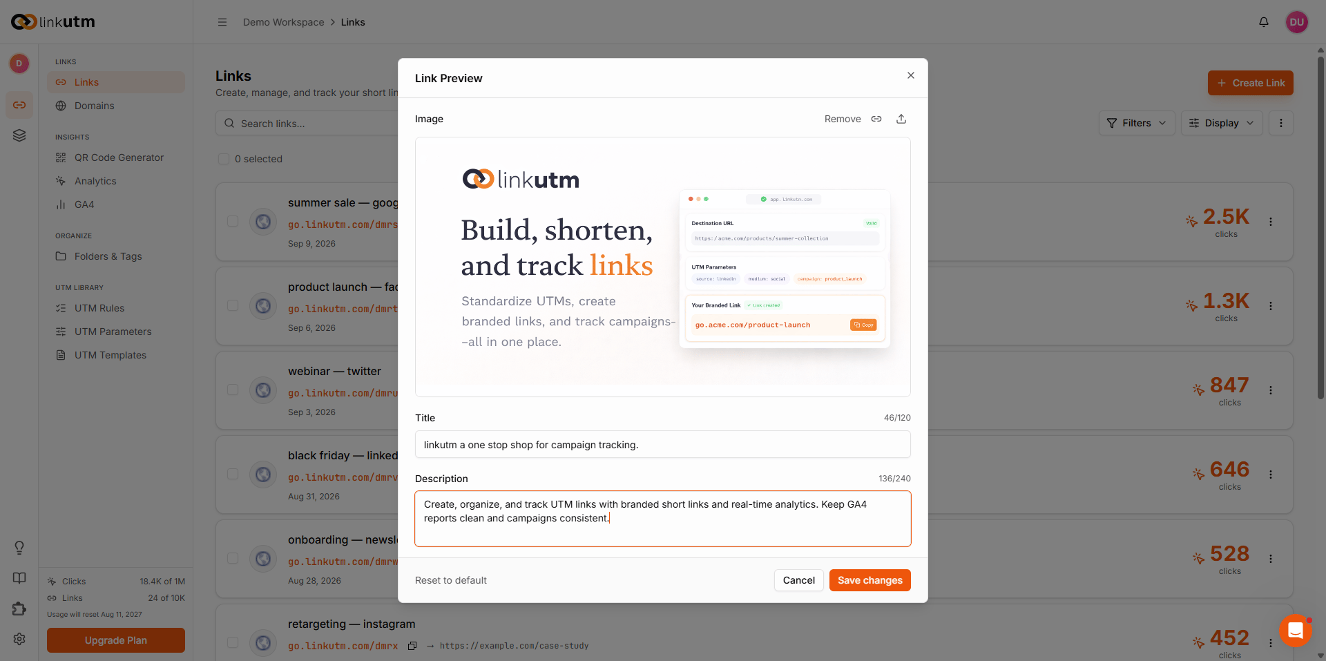 Link Preview modal - editable preview title and description fields with social card preview