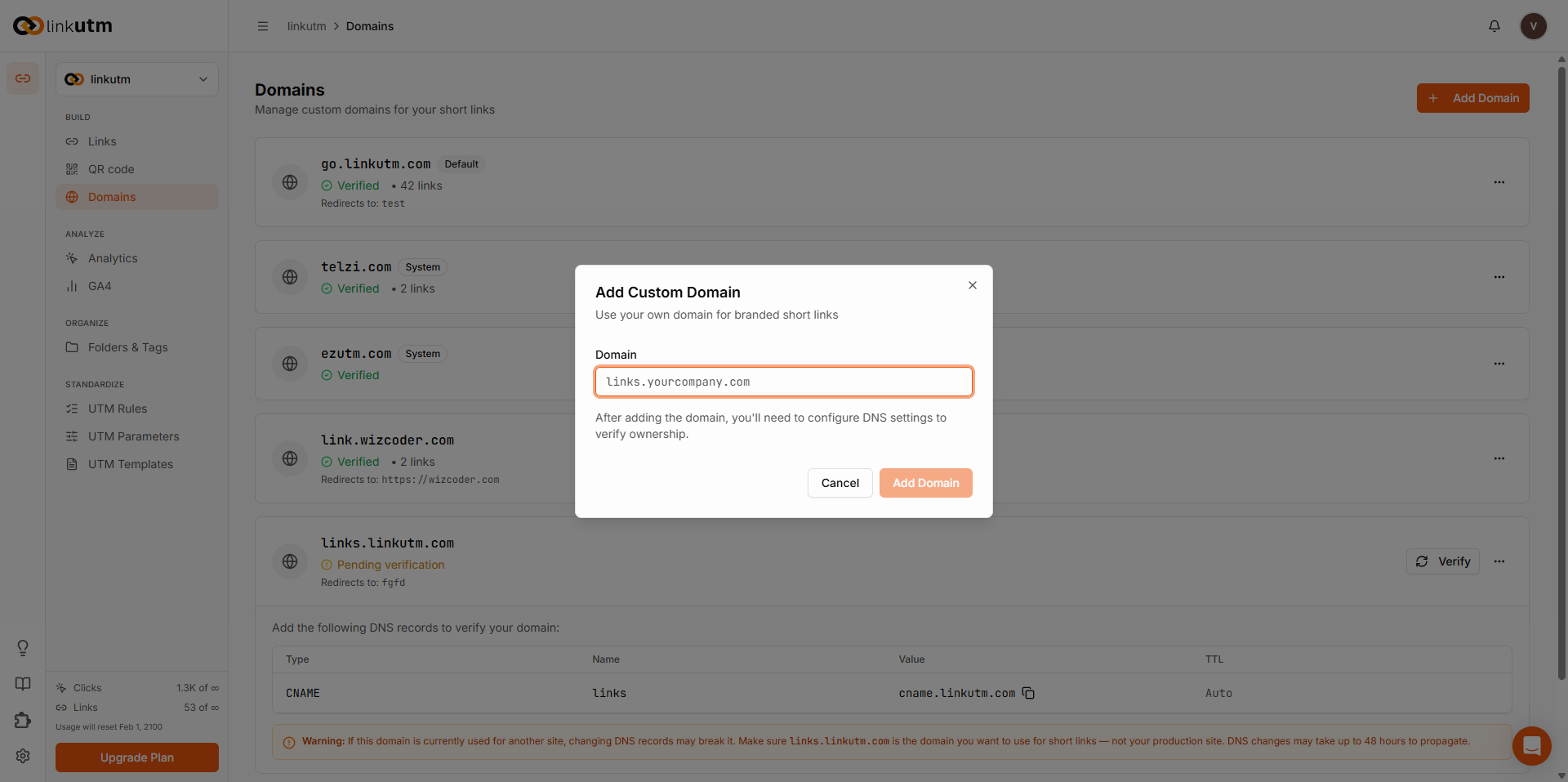 Add Custom Domain modal - domain field, optional default redirect, and DNS setup note