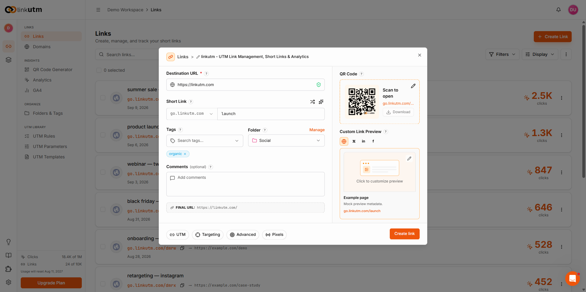 Create Link modal - Custom slug field with user-typed branded slug