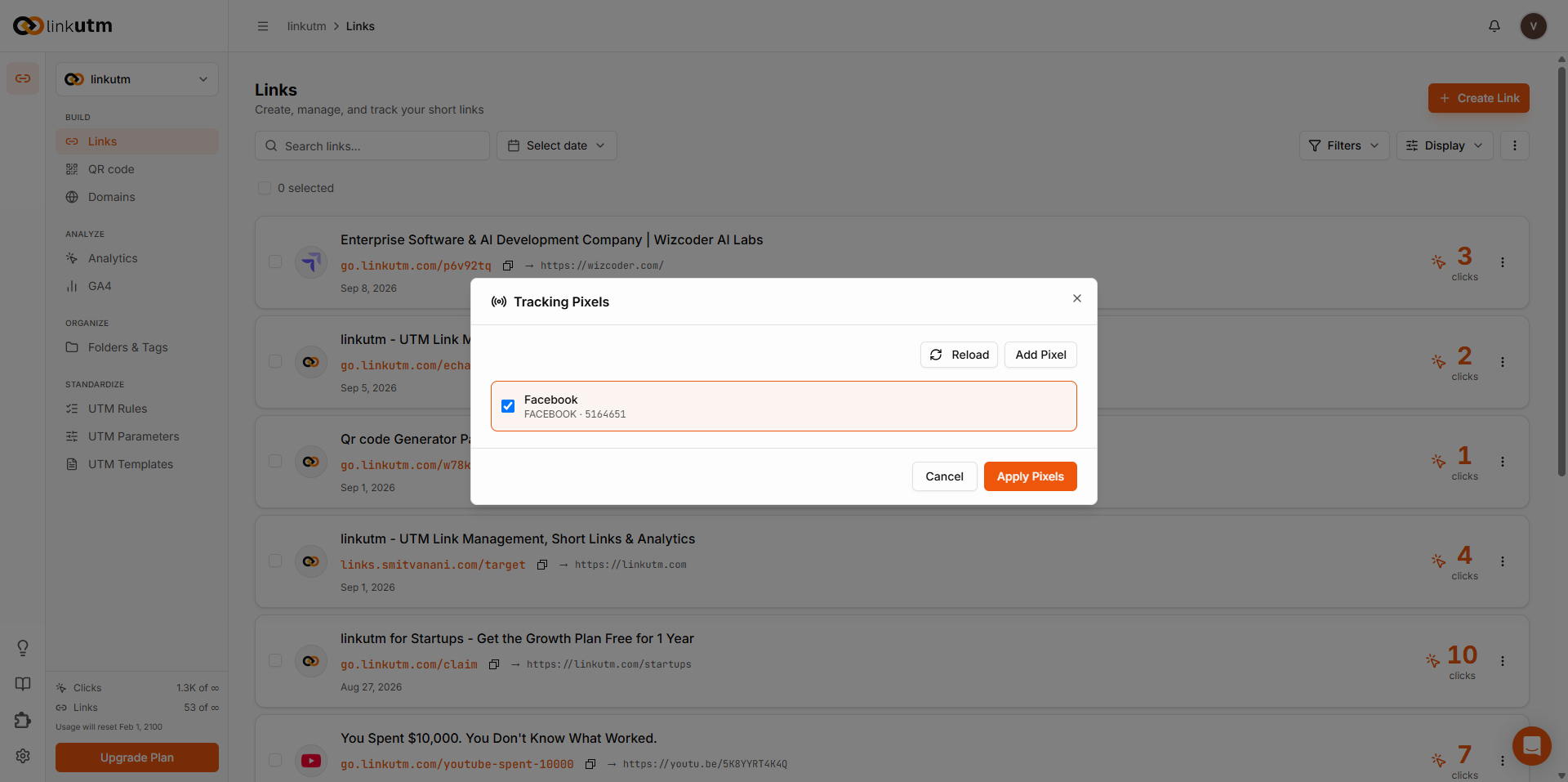 Tracking Pixels panel in the link builder - connected Facebook pixel with a checkbox and Apply Pixels button