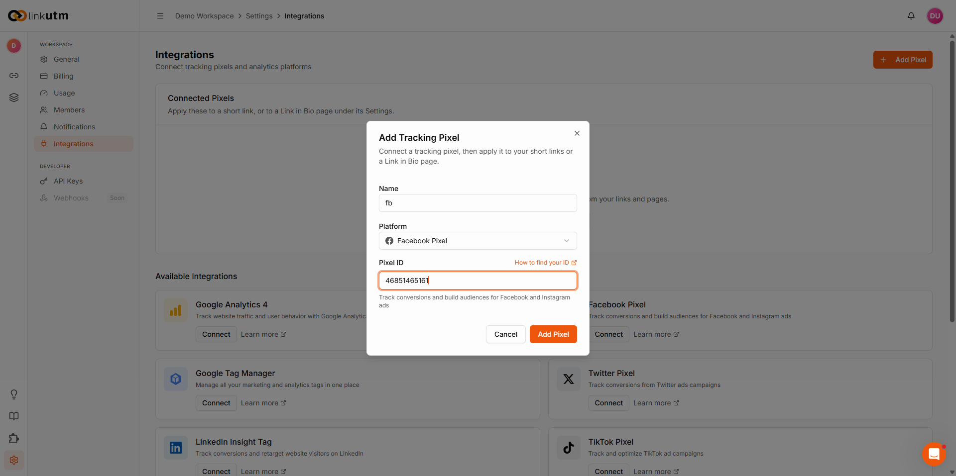Settings > Integrations - Add Tracking Pixel modal with Name, Platform (Facebook Pixel), and Pixel ID fields; available integrations in background