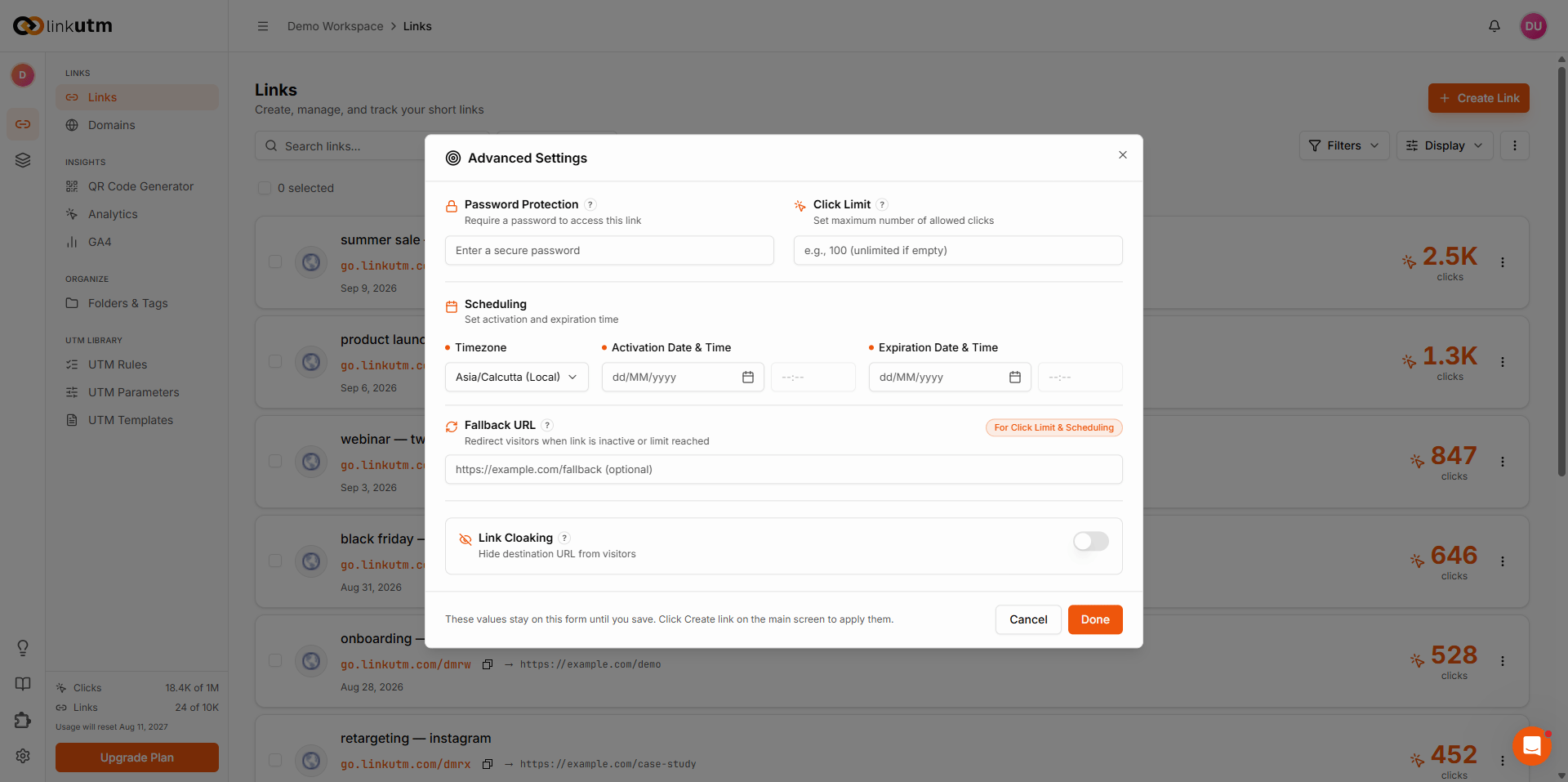 Advanced settings panel - Password Protection, Click Limit, Scheduling with activation and expiration dates, Fallback URL, and Link Cloaking toggle