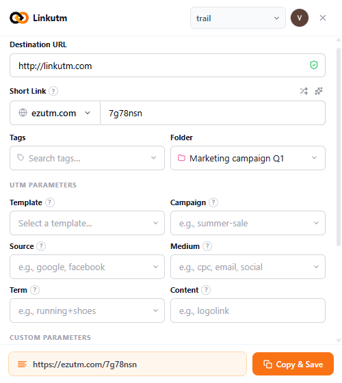 linkutm Chrome extension - link creation panel showing destination URL, UTM fields, and short link output