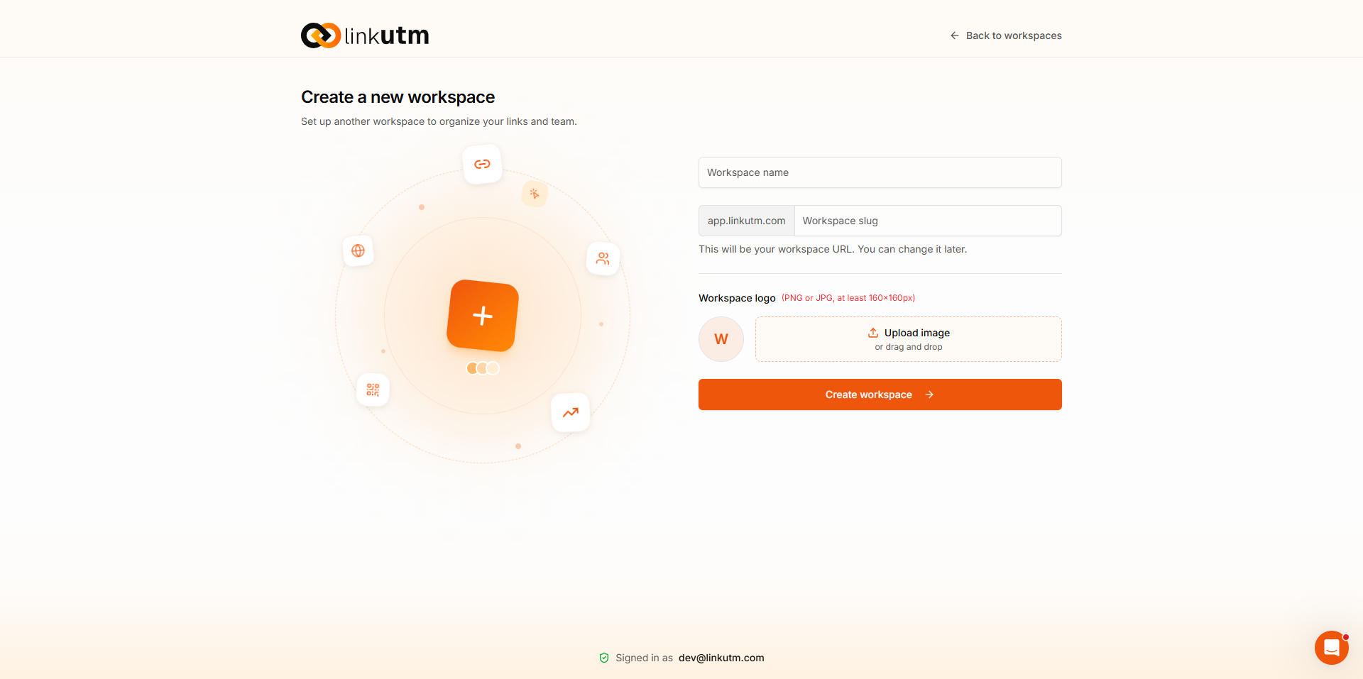 Create new workspace modal - workspace name and slug fields